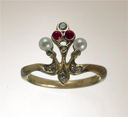 English renaissance gold diamond, ruby, fresh water pearl ring. 